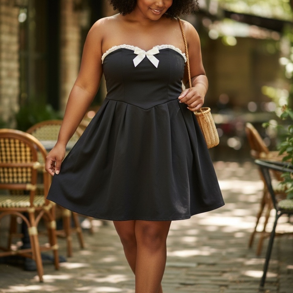 SHEIN Curve Black Strapless Sweetheart Neck Bow Accent Fit & Flare Dress in 1XL